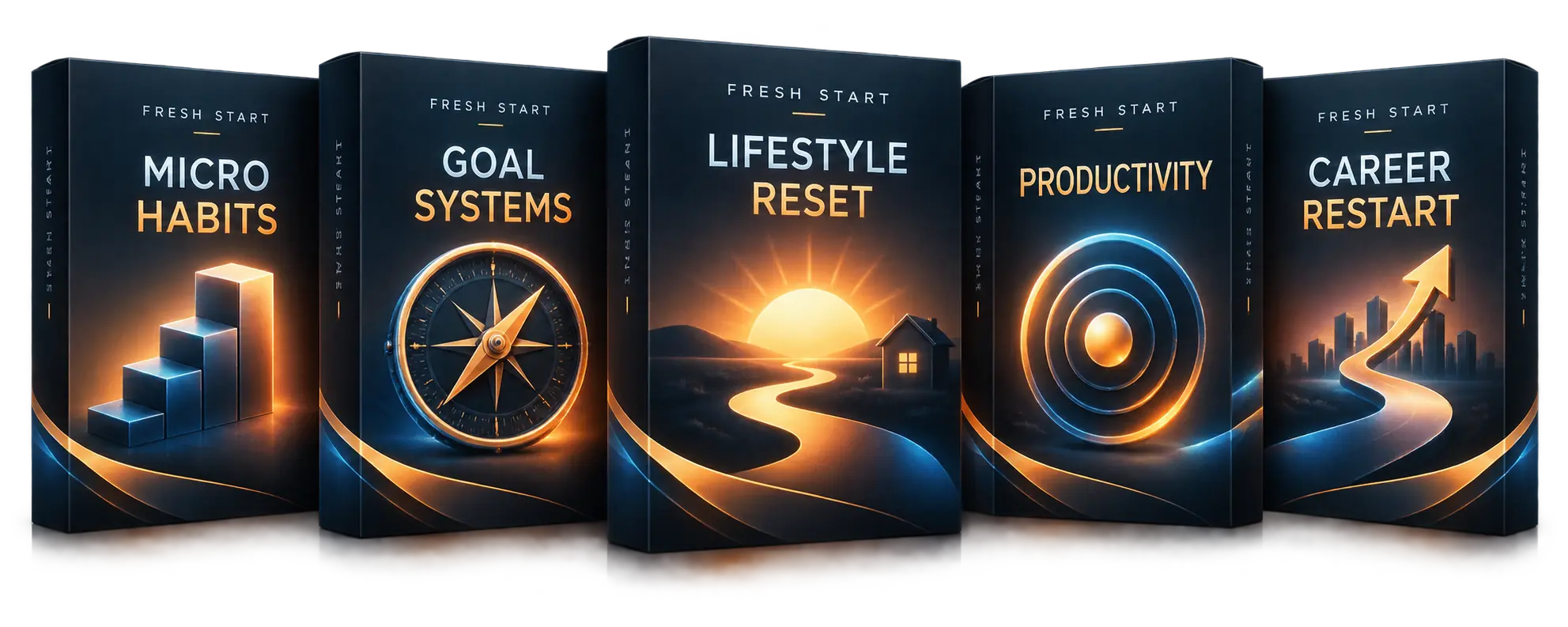 Five Fresh Start product boxes: Micro Habits, Goal Systems, Lifestyle Reset, Productivity, and Career Restart