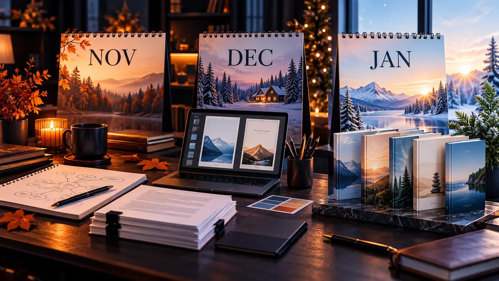 November–December–January author desk setup for Fresh Start seasonal publishing