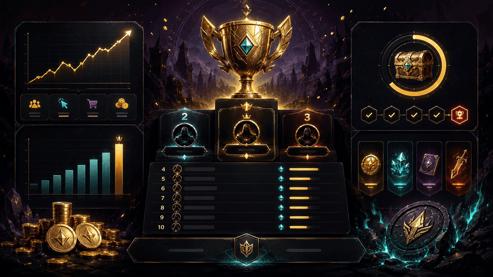 Fantasy affiliate leaderboard with a gold trophy, rising charts, ranking panels, coins and rewards