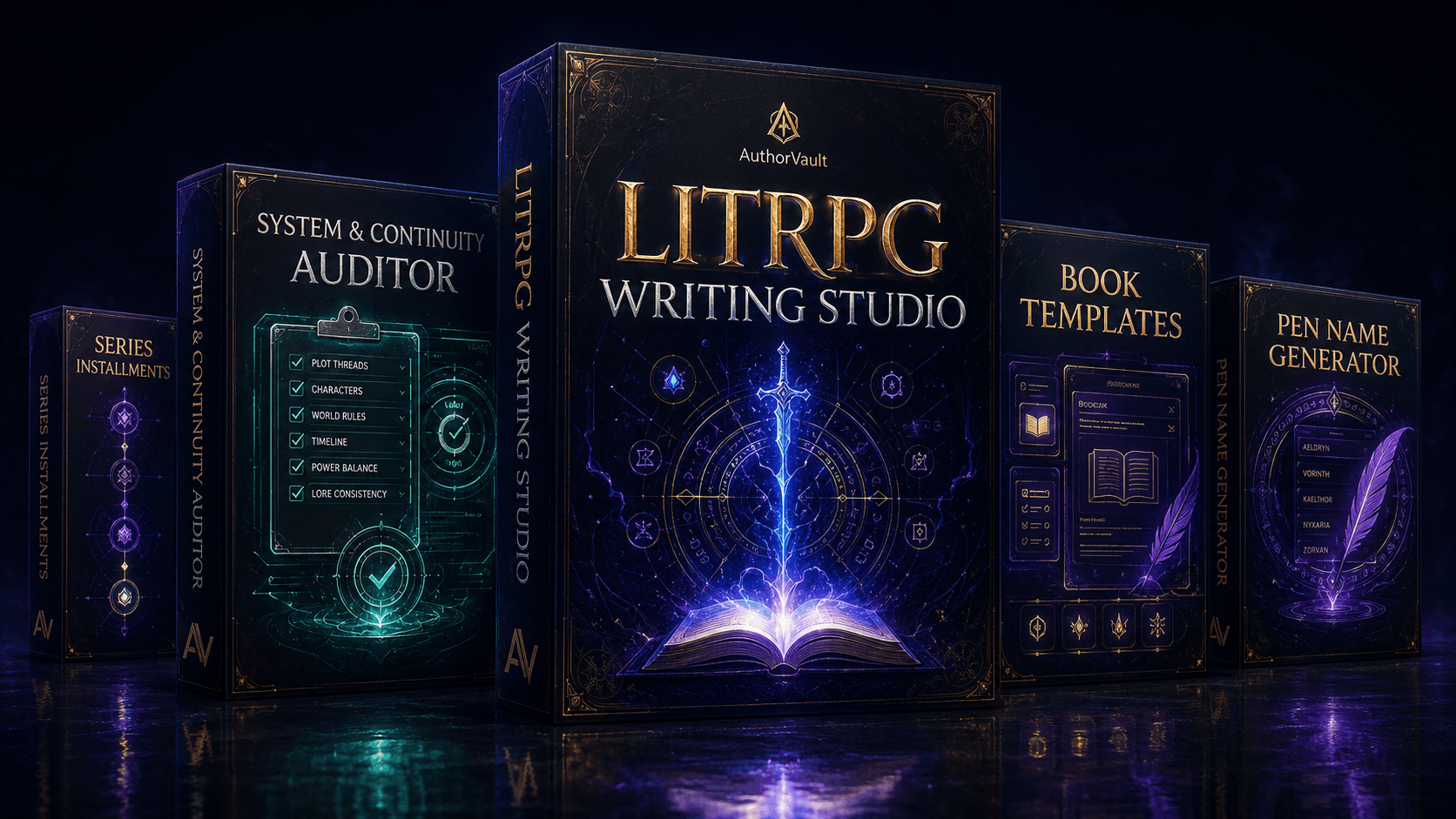 AuthorVault LitRPG Vault software bundle featuring the Writing Studio, Continuity Auditor, Book Templates and Pen Name Generator