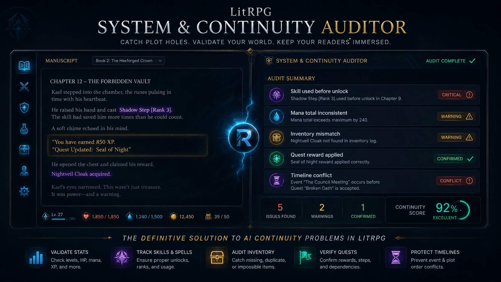 LitRPG System and Continuity Auditor dashboard detecting skill, mana, inventory and timeline conflicts