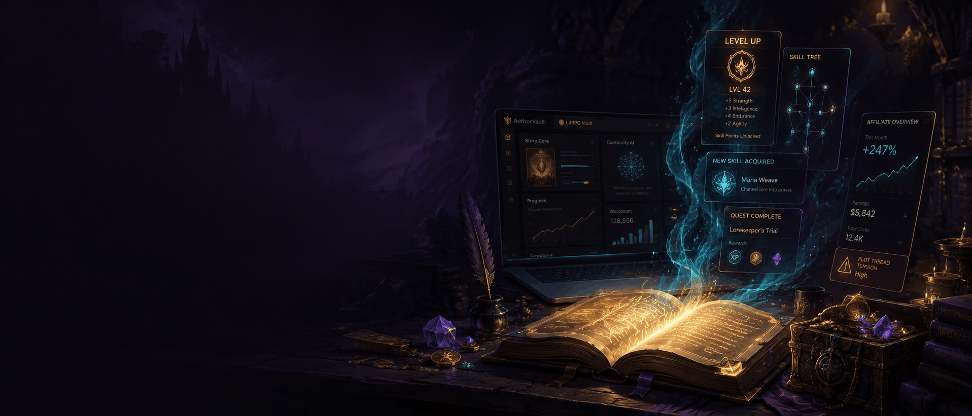 Fantasy writing desk and LitRPG Writing Studio interface showing story and progression tools