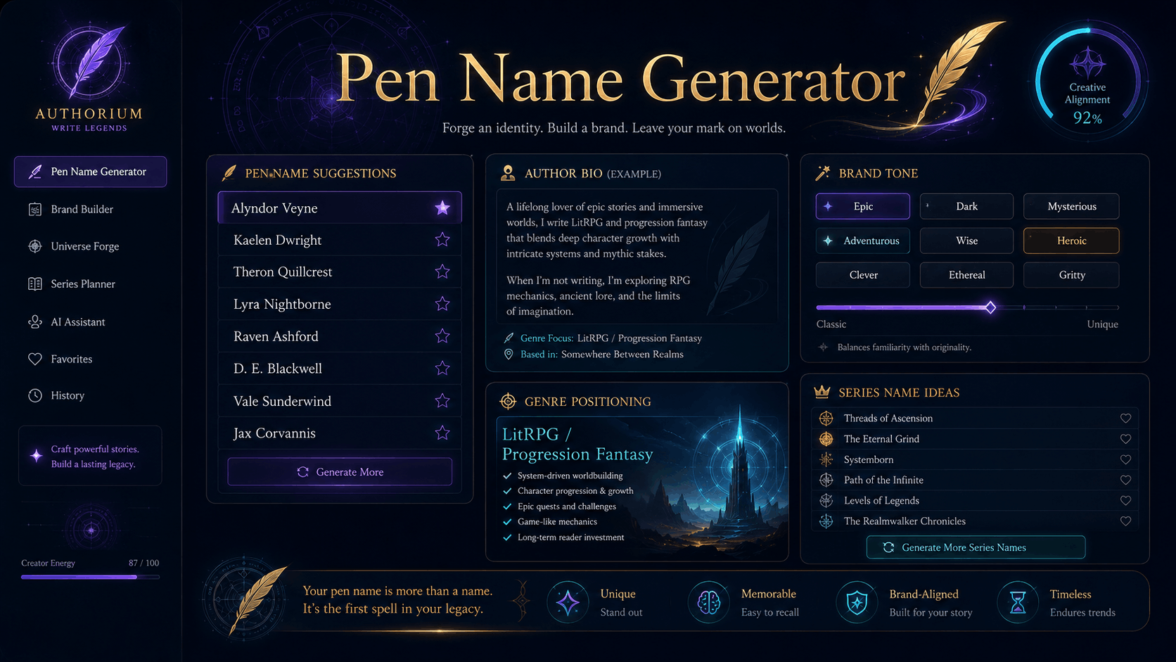 Pen Name Generator interface showing name suggestions, author bio, brand tone, positioning and series ideas