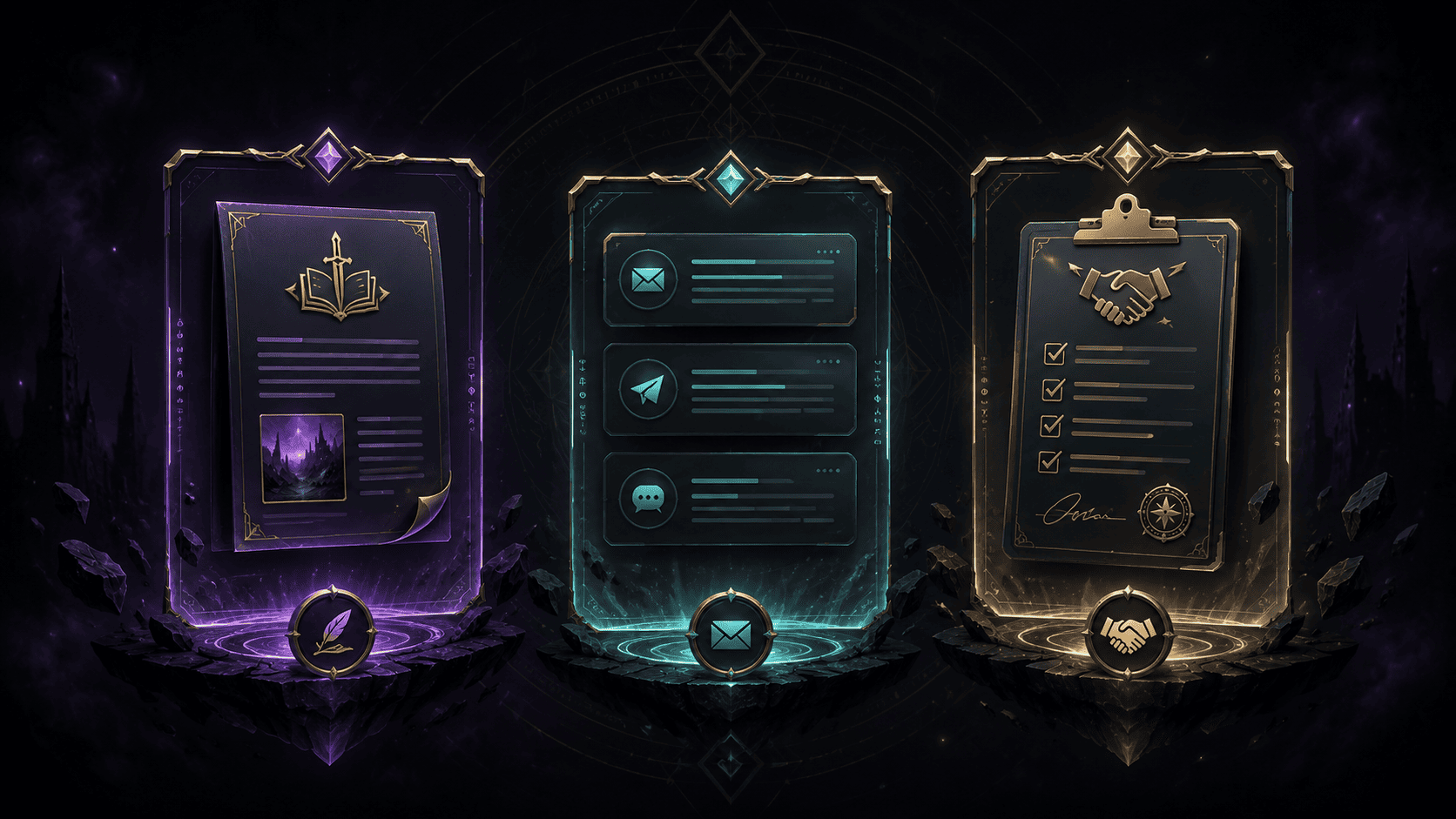 Fantasy-styled promotional tool panels representing the JV preview sales letter, affiliate swipes and JV document